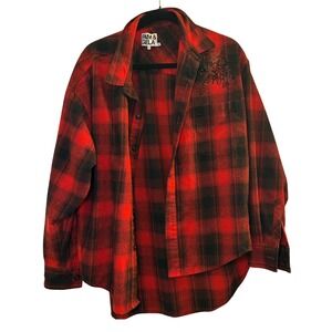 Pam & Gela Plaid Flannel Shirt Red Medium Embellished Palm Tree Grunge Casual